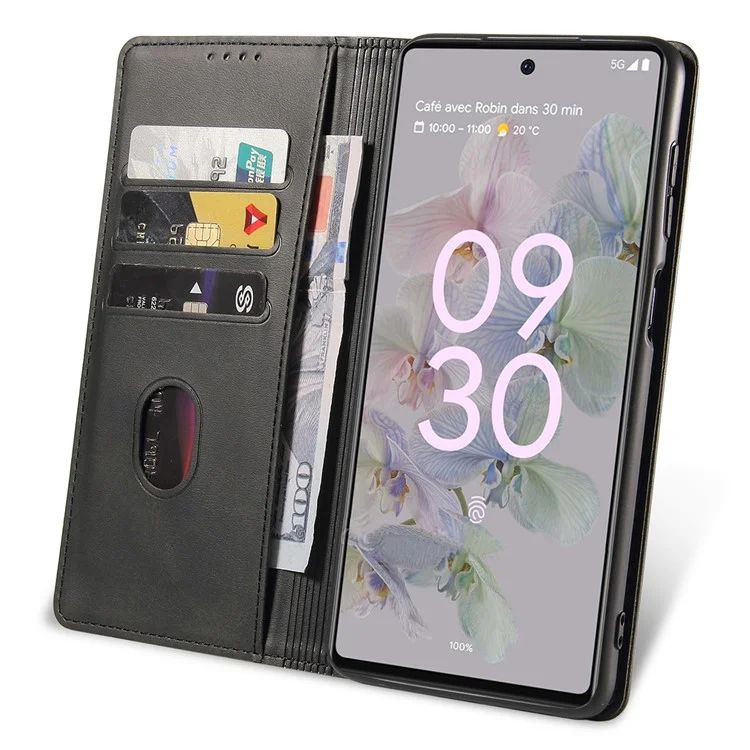 Full Protection Leather Phone Case For Google Pixel 6a , Wallet Stand Calf Texture Magnetic Closure Phone Cover - Black