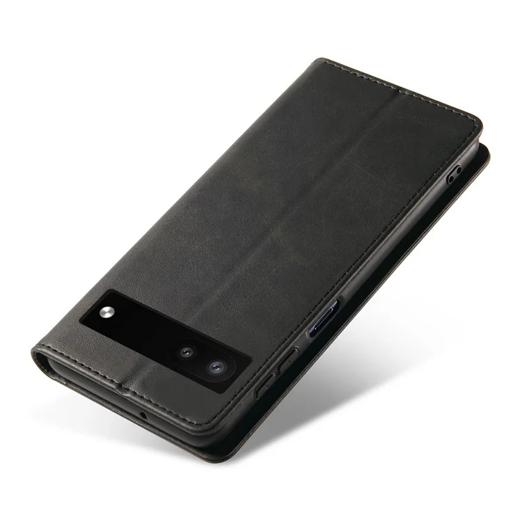 Full Protection Leather Phone Case For Google Pixel 6a , Wallet Stand Calf Texture Magnetic Closure Phone Cover - Black