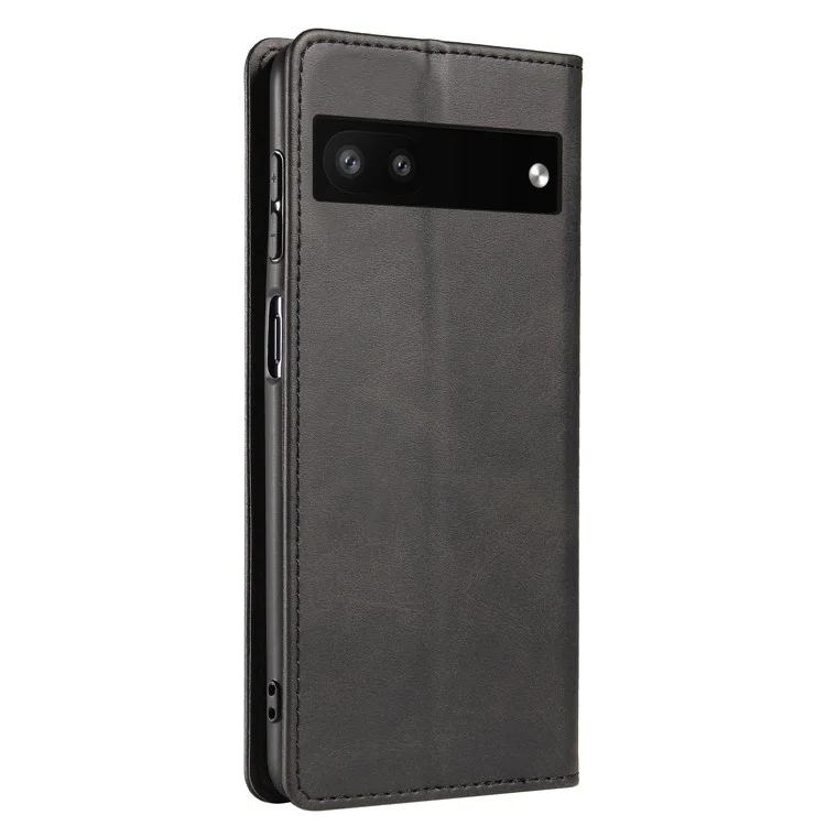 Full Protection Leather Phone Case For Google Pixel 6a , Wallet Stand Calf Texture Magnetic Closure Phone Cover - Black