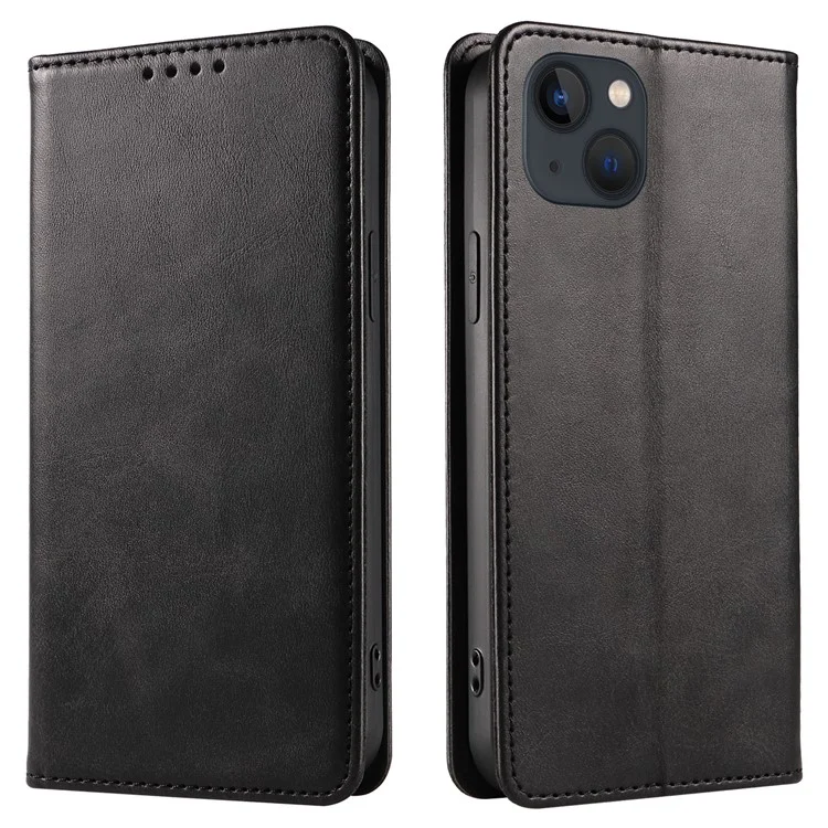 For iPhone 13 6.1 inch Leather Stand Phone Case Calf Texture Wallet Magnetic Cell Phone Cover - Black