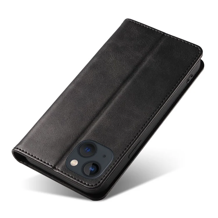For iPhone 13 6.1 inch Leather Stand Phone Case Calf Texture Wallet Magnetic Cell Phone Cover - Black