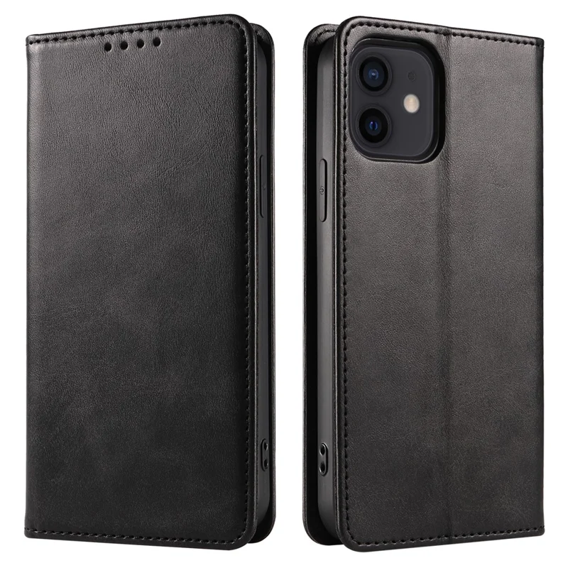 For iPhone 12 / 12 Pro 6.1 inch Anti-Scratch Phone Case Wallet Magnetic Leather Stand Calf Texture Phone Cover - Black