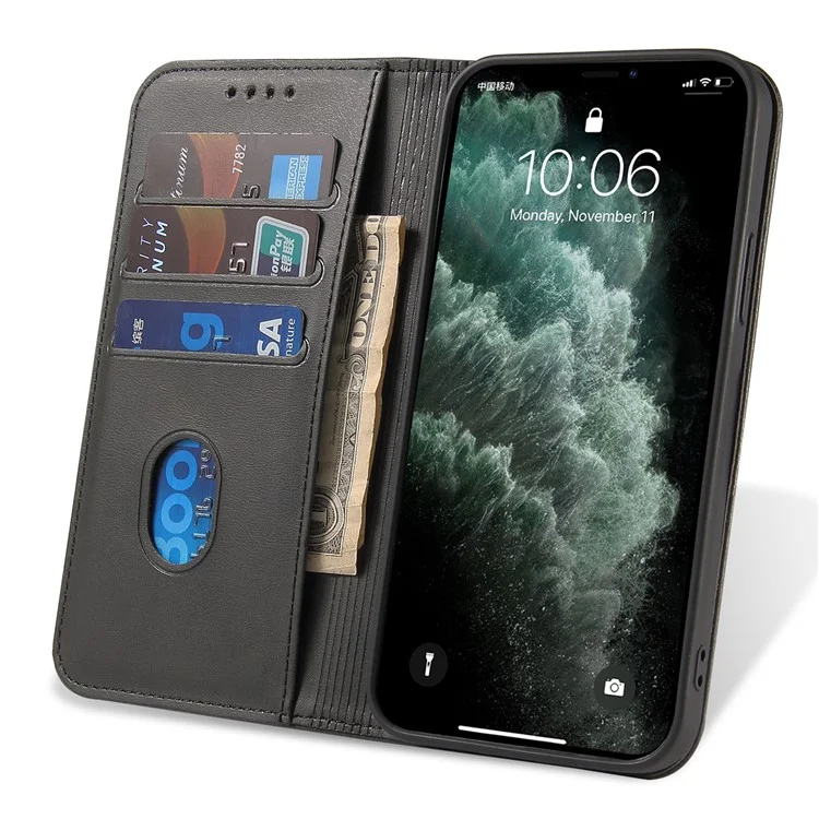 For iPhone 11 Pro Max 6.5 inch Calf Texture Phone Shell Wallet Phone Cover Auto-absorbed Leather Stand Case - Black