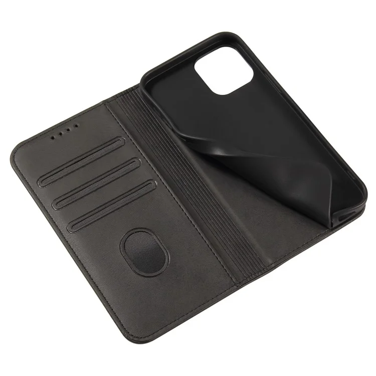 For iPhone 11 Pro Max 6.5 inch Calf Texture Phone Shell Wallet Phone Cover Auto-absorbed Leather Stand Case - Black