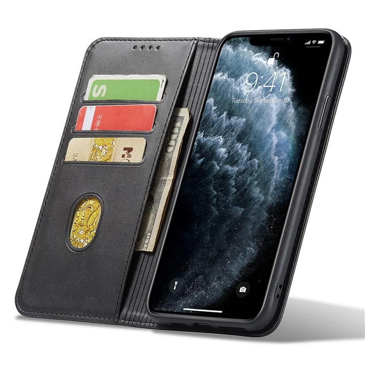 Para Iphone 11 Pro 5.8 Pulgadas Case de Teléfonos Estilo de Negocios Cubierta de Teléfono de Cuero de Billetera de Textura de Ternero - Negro