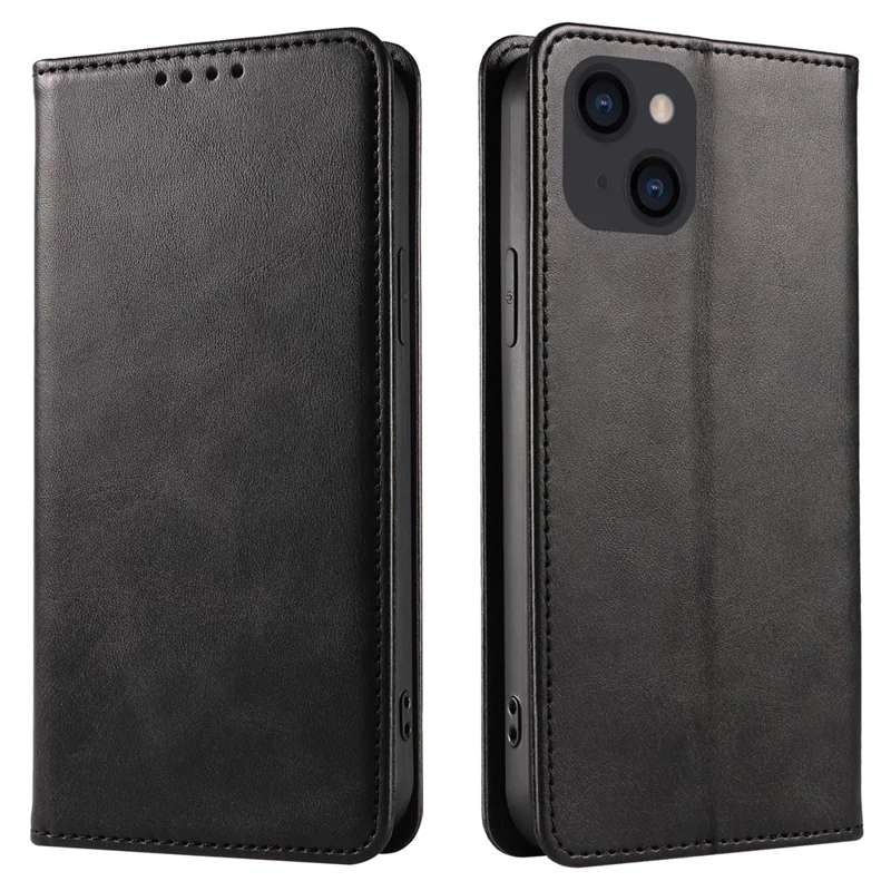 For iPhone 14 Phone Case Calf Texture Wallet Phone Stand Cover Auto-absorbed Magnetic Leather Shell - Black