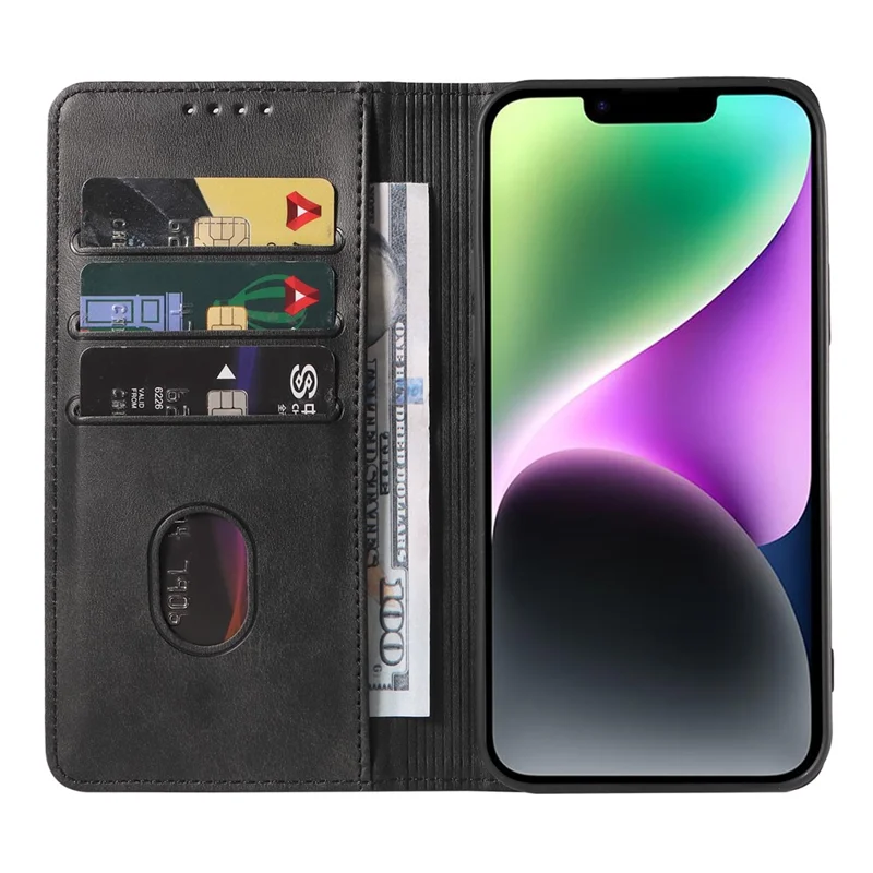 For iPhone 14 Phone Case Calf Texture Wallet Phone Stand Cover Auto-absorbed Magnetic Leather Shell - Black