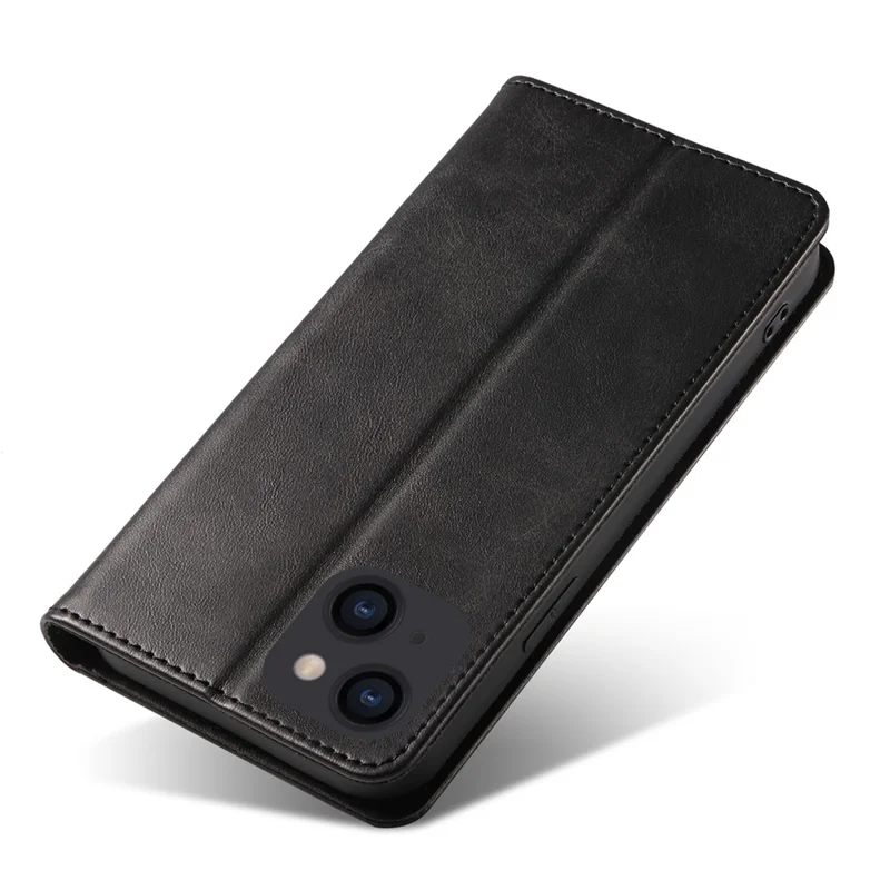 For iPhone 14 Phone Case Calf Texture Wallet Phone Stand Cover Auto-absorbed Magnetic Leather Shell - Black