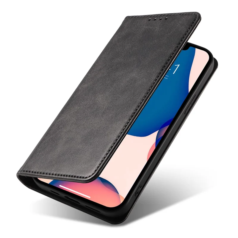 For iPhone 14 Phone Case Calf Texture Wallet Phone Stand Cover Auto-absorbed Magnetic Leather Shell - Black