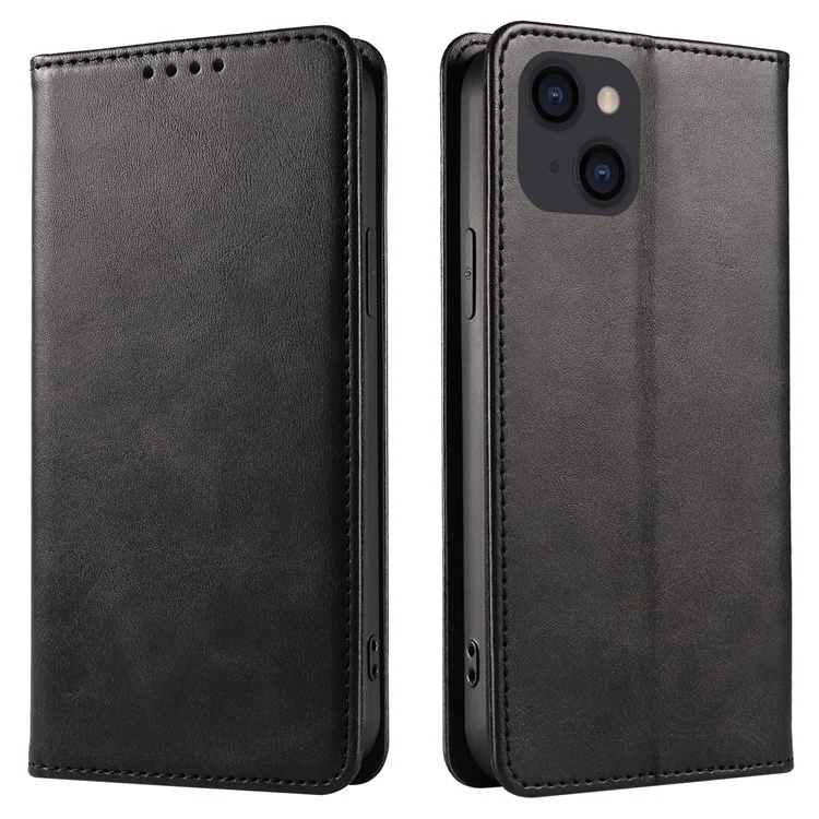 For iPhone 14 Plus Wallet Phone Cover Calf Texture Auto-absorbed Magnetic Leather Stand Phone Case - Black