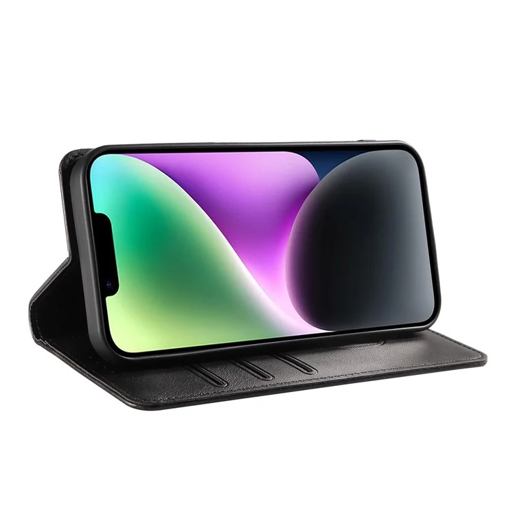 For iPhone 14 Plus Wallet Phone Cover Calf Texture Auto-absorbed Magnetic Leather Stand Phone Case - Black