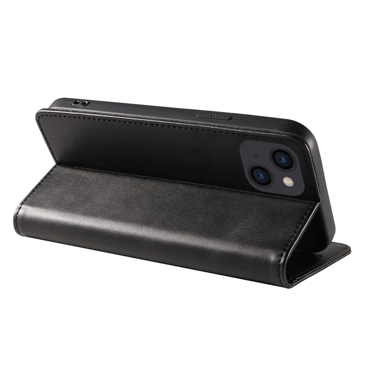For iPhone 14 Plus Wallet Phone Cover Calf Texture Auto-absorbed Magnetic Leather Stand Phone Case - Black