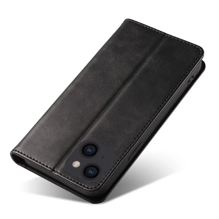 For iPhone 14 Plus Wallet Phone Cover Calf Texture Auto-absorbed Magnetic Leather Stand Phone Case - Black