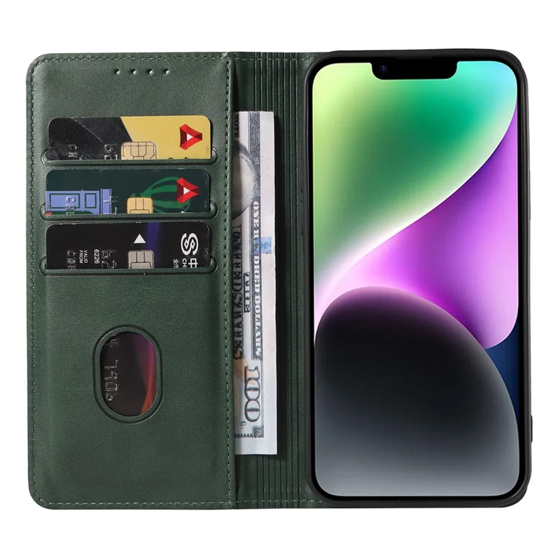 For iPhone 14 Plus Wallet Phone Cover Calf Texture Auto-absorbed Magnetic Leather Stand Phone Case - Green