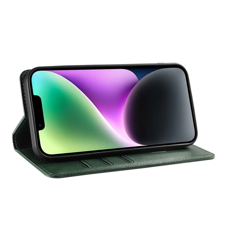 For iPhone 14 Plus Wallet Phone Cover Calf Texture Auto-absorbed Magnetic Leather Stand Phone Case - Green