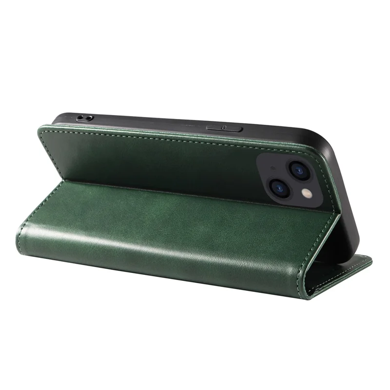 For iPhone 14 Plus Wallet Phone Cover Calf Texture Auto-absorbed Magnetic Leather Stand Phone Case - Green