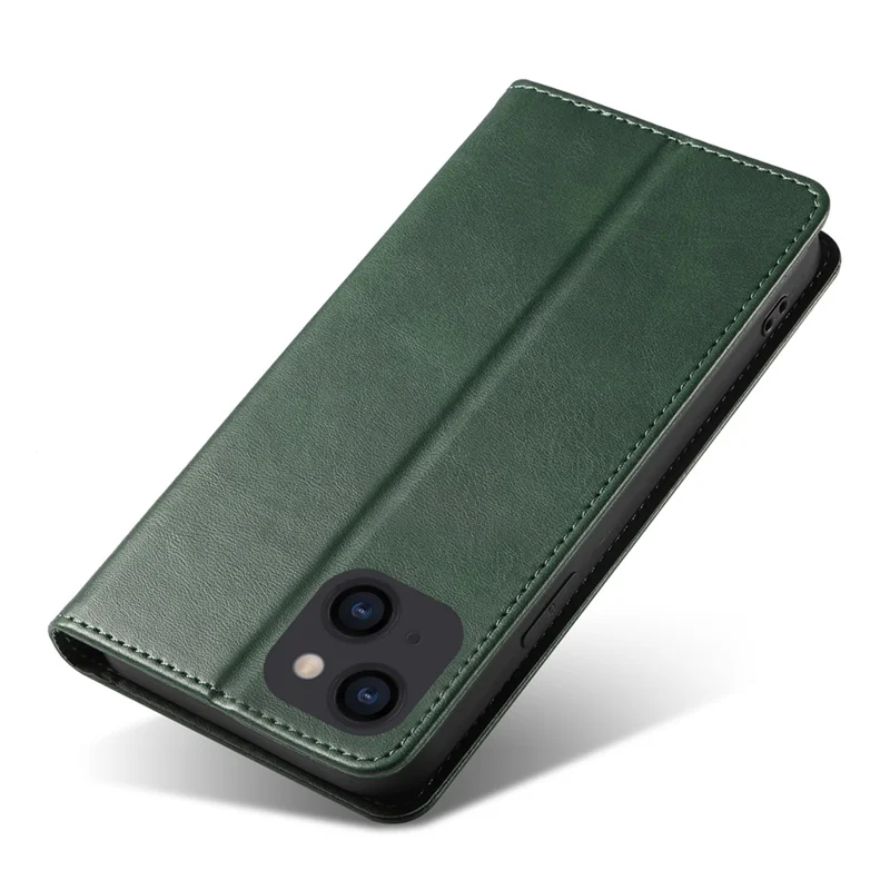 For iPhone 14 Plus Wallet Phone Cover Calf Texture Auto-absorbed Magnetic Leather Stand Phone Case - Green