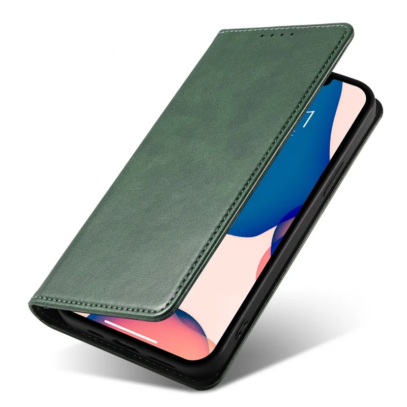 For iPhone 14 Plus Wallet Phone Cover Calf Texture Auto-absorbed Magnetic Leather Stand Phone Case - Green