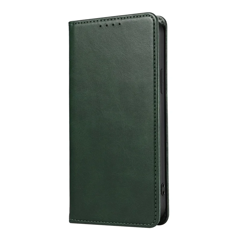For iPhone 14 Plus Wallet Phone Cover Calf Texture Auto-absorbed Magnetic Leather Stand Phone Case - Green