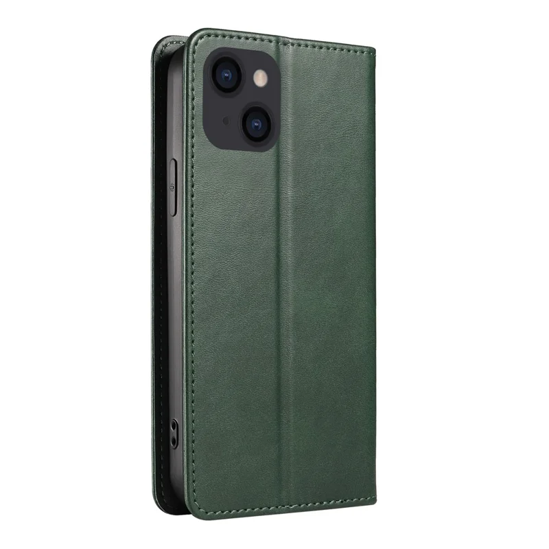 For iPhone 14 Plus Wallet Phone Cover Calf Texture Auto-absorbed Magnetic Leather Stand Phone Case - Green