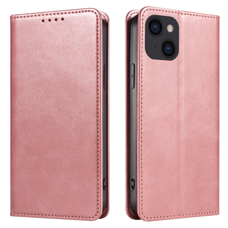 For iPhone 14 Plus Wallet Phone Cover Calf Texture Auto-absorbed Magnetic Leather Stand Phone Case - Rose Gold