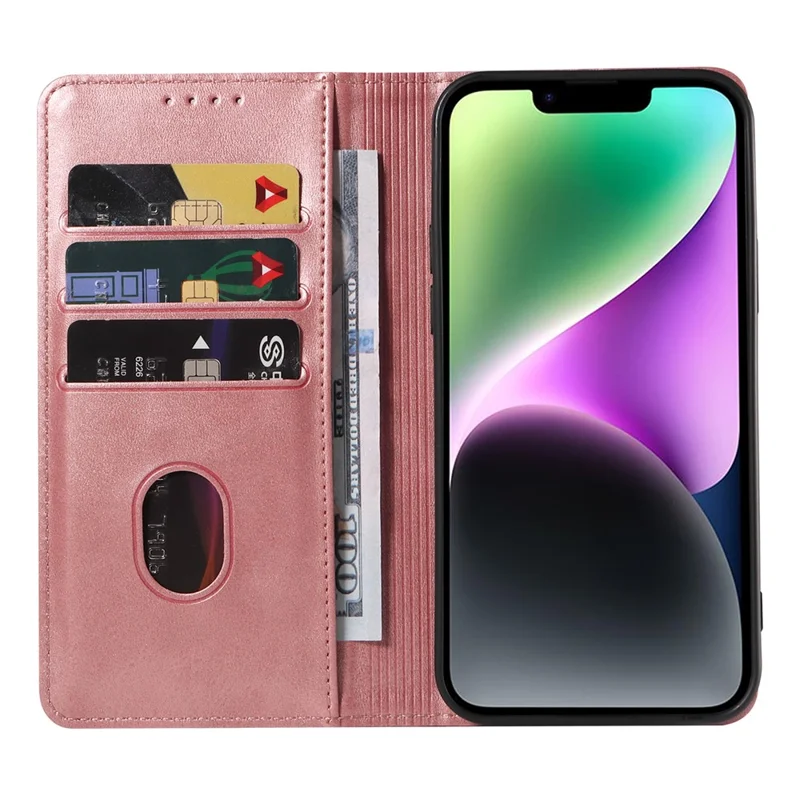 For iPhone 14 Plus Wallet Phone Cover Calf Texture Auto-absorbed Magnetic Leather Stand Phone Case - Rose Gold