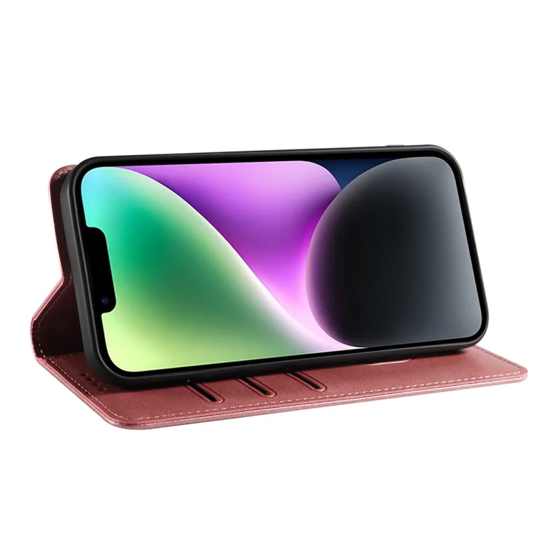 For iPhone 14 Plus Wallet Phone Cover Calf Texture Auto-absorbed Magnetic Leather Stand Phone Case - Rose Gold