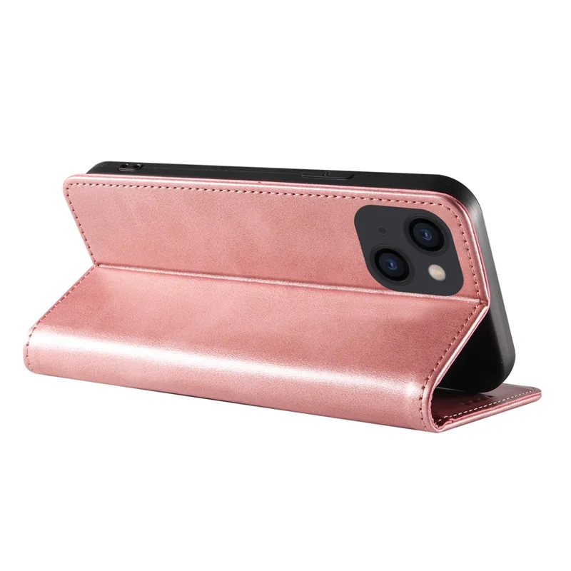 For iPhone 14 Plus Wallet Phone Cover Calf Texture Auto-absorbed Magnetic Leather Stand Phone Case - Rose Gold