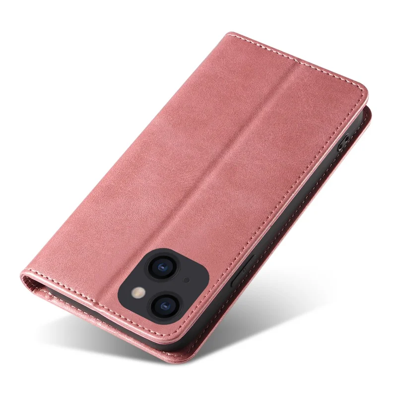 For iPhone 14 Plus Wallet Phone Cover Calf Texture Auto-absorbed Magnetic Leather Stand Phone Case - Rose Gold