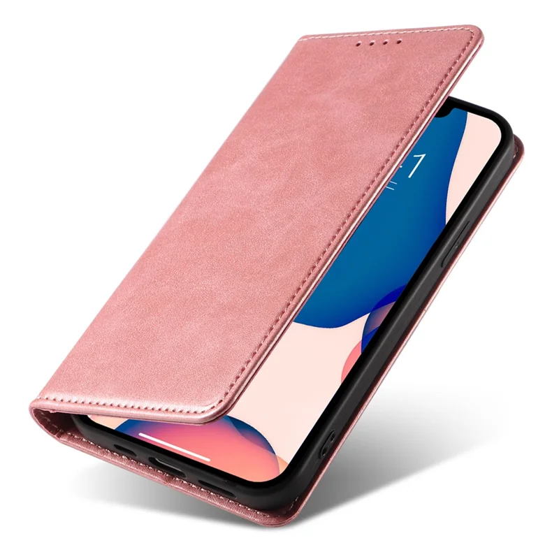 For iPhone 14 Plus Wallet Phone Cover Calf Texture Auto-absorbed Magnetic Leather Stand Phone Case - Rose Gold