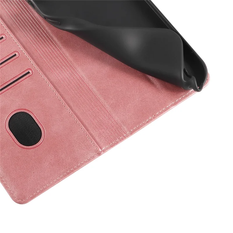 For iPhone 14 Plus Wallet Phone Cover Calf Texture Auto-absorbed Magnetic Leather Stand Phone Case - Rose Gold