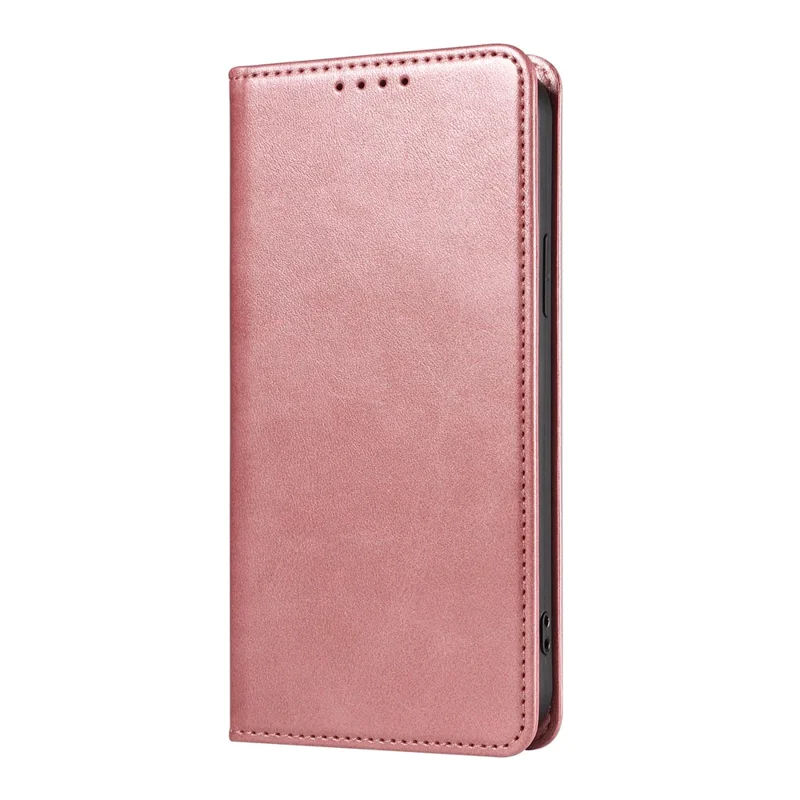 For iPhone 14 Plus Wallet Phone Cover Calf Texture Auto-absorbed Magnetic Leather Stand Phone Case - Rose Gold
