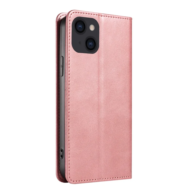 For iPhone 14 Plus Wallet Phone Cover Calf Texture Auto-absorbed Magnetic Leather Stand Phone Case - Rose Gold
