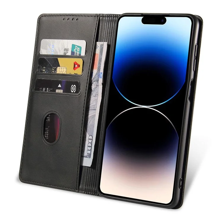 For iPhone 14 Pro Max Dustproof Phone Cover Wallet Magnetic Leather Stand Calf Texture Phone Case - Black