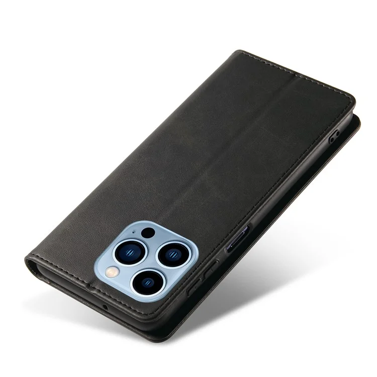 For iPhone 14 Pro Max Dustproof Phone Cover Wallet Magnetic Leather Stand Calf Texture Phone Case - Black