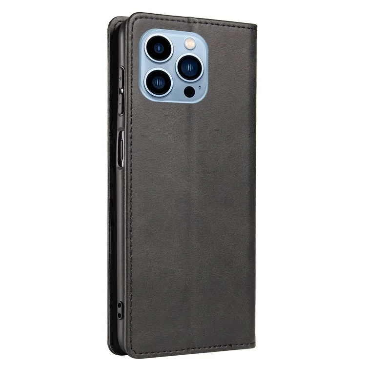For iPhone 14 Pro Max Dustproof Phone Cover Wallet Magnetic Leather Stand Calf Texture Phone Case - Black