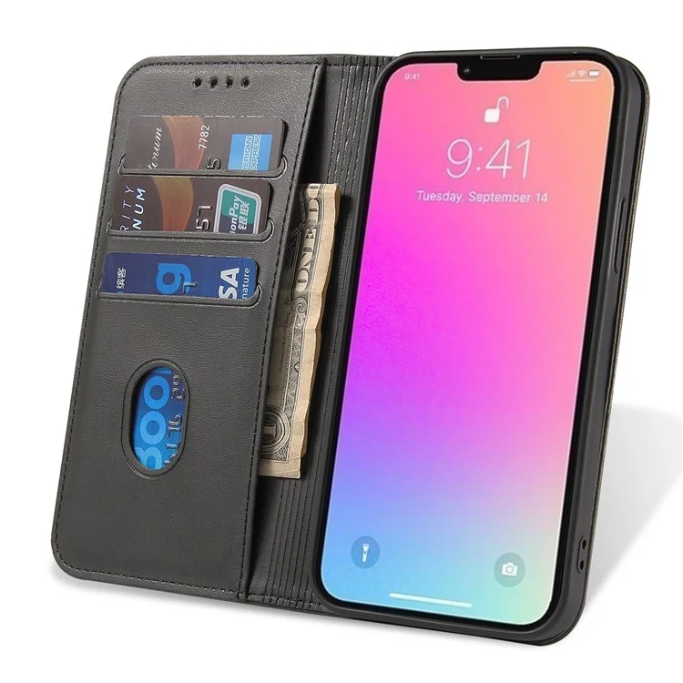 Pour iPhone 13 Pro 6.1 pouces Étui téléphone portable Portefeuille Cuir magnétique Support Texture Veau Couvercle de téléphone - Noir