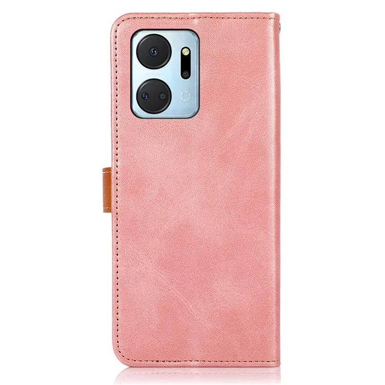 KHAZNEH For Honor X7a 5G Leather Phone Case Cowhide Texture PU Leather Wallet Stand Cover - Rose Gold