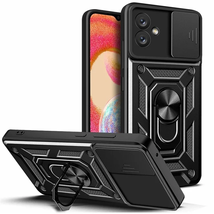 Slide-Kamera-Handyhülle für Samsung Galaxy A04e 4G / F04 4G / M04 4G, harte PC-weiche TPU-Schutzhülle mit Ständer - Schwarz