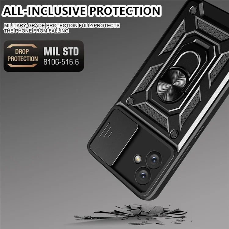 Slide-Kamera-Handyhülle für Samsung Galaxy A04e 4G / F04 4G / M04 4G, harte PC-weiche TPU-Schutzhülle mit Ständer - Schwarz