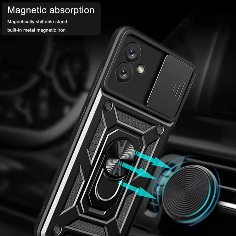 Slide-Kamera-Handyhülle für Samsung Galaxy A04e 4G / F04 4G / M04 4G, harte PC-weiche TPU-Schutzhülle mit Ständer - Schwarz
