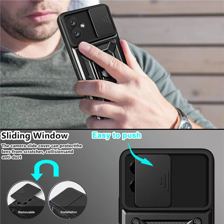 Slide-Kamera-Handyhülle für Samsung Galaxy A04e 4G / F04 4G / M04 4G, harte PC-weiche TPU-Schutzhülle mit Ständer - Schwarz