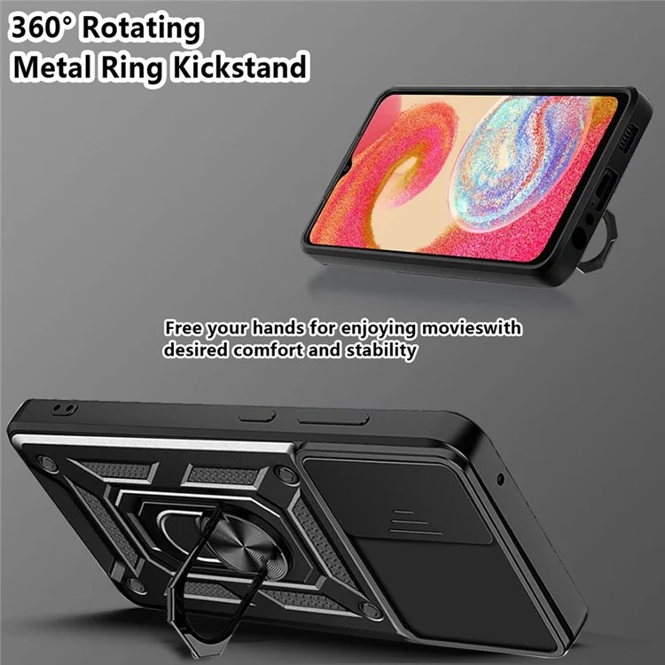 Slide-Kamera-Handyhülle für Samsung Galaxy A04e 4G / F04 4G / M04 4G, harte PC-weiche TPU-Schutzhülle mit Ständer - Schwarz