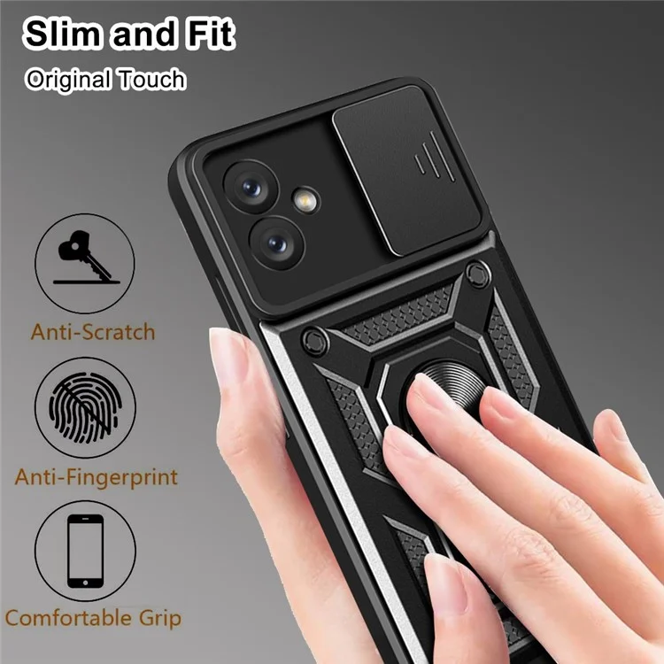 Slide-Kamera-Handyhülle für Samsung Galaxy A04e 4G / F04 4G / M04 4G, harte PC-weiche TPU-Schutzhülle mit Ständer - Schwarz