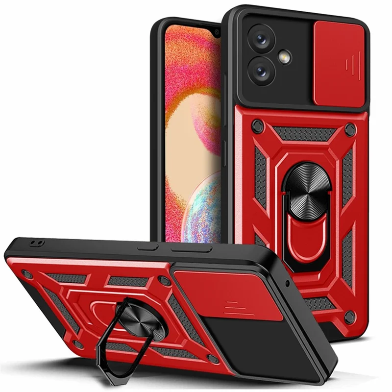 Slide Camera Phone Case for Samsung Galaxy A04e 4G / F04 4G / M04 4G , Hard PC Soft TPU Protective Rugged Phone Cover with Kickstand - Red