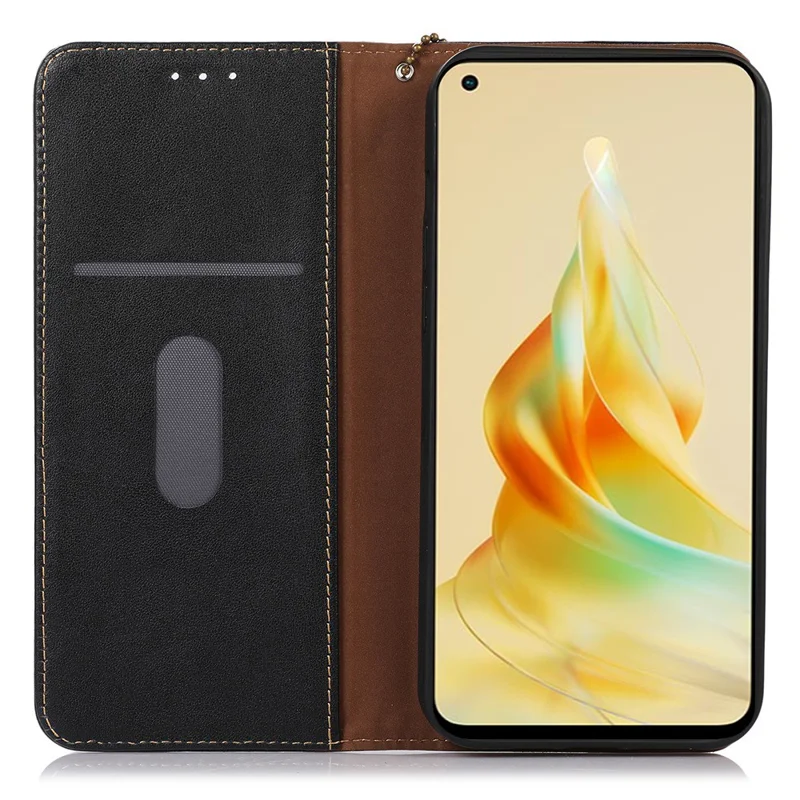 KHAZNEH Phone Wallet Cover for Oppo Reno8 T 4G RFID Blocking Genuine Cowhide Leather Stand Phone Case - Black