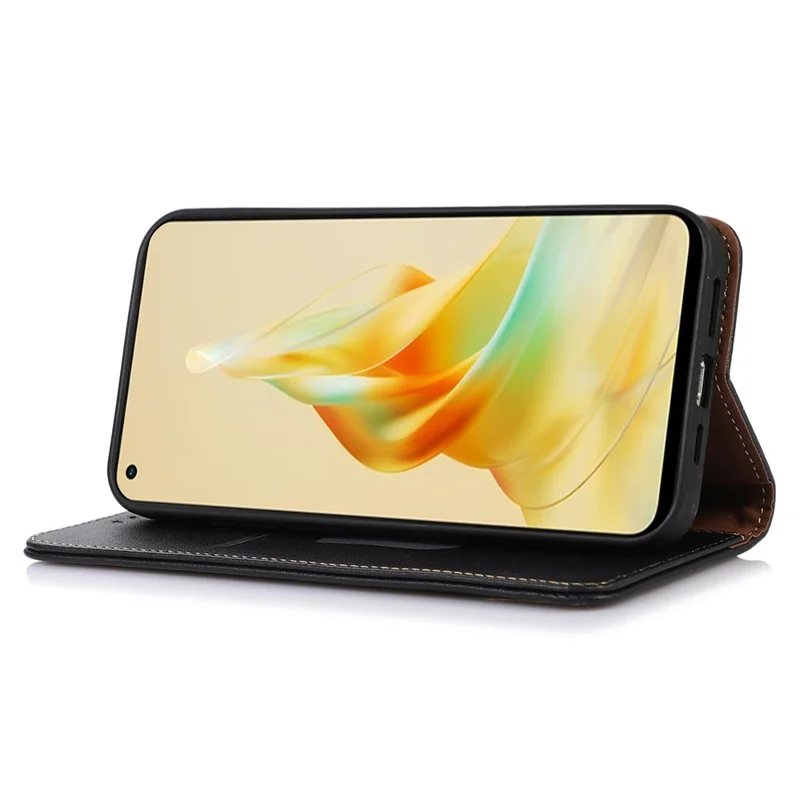 KHAZNEH Phone Wallet Cover for Oppo Reno8 T 4G RFID Blocking Genuine Cowhide Leather Stand Phone Case - Black