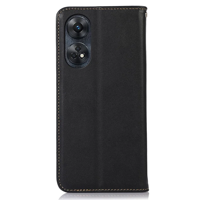 KHAZNEH Phone Wallet Cover for Oppo Reno8 T 4G RFID Blocking Genuine Cowhide Leather Stand Phone Case - Black