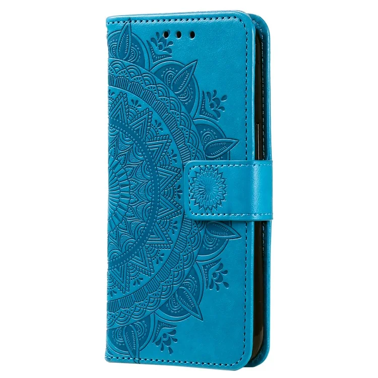 For Samsung Galaxy A24 4G (162.1 x 77.6 x 8.3mm) PU Leather Wallet Phone Case Imprinted Mandala Flower Pattern Stand Cover - Blue