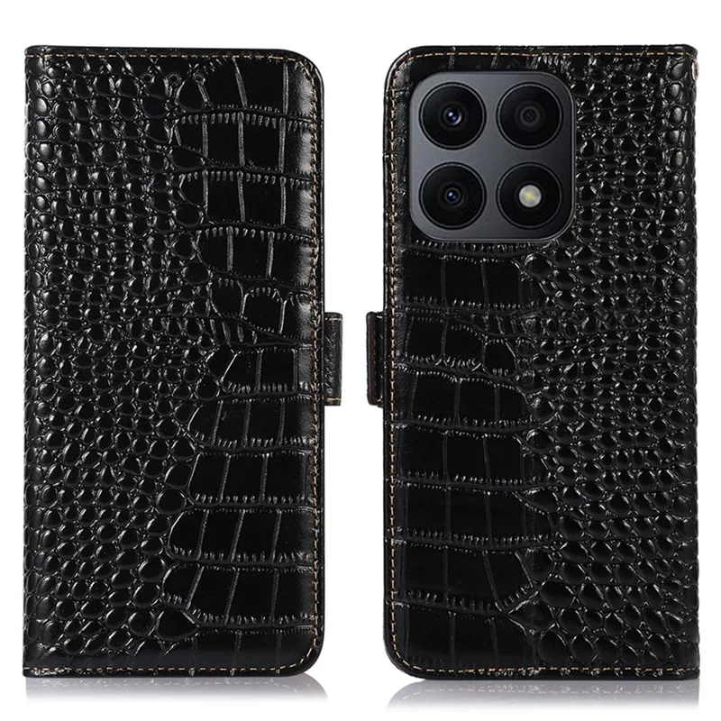RFID Blocking Phone Case for Honor X8a 4G Genuine Cowhide Leather Wallet Stand Phone Cover - Black